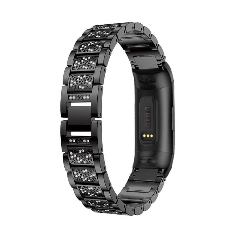 Diamond-studded Solid Stainless Steel Watch Band for Fitbit Charge 3(Black)