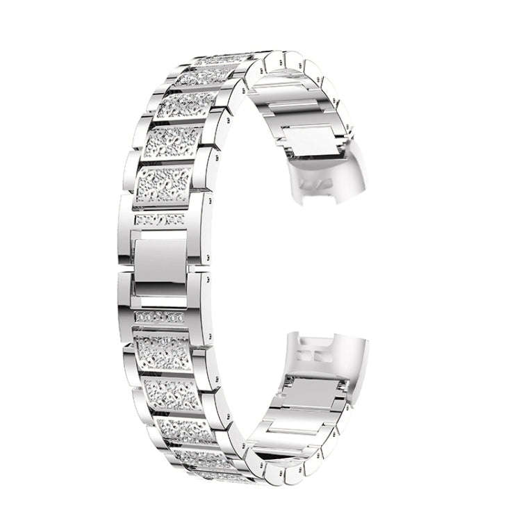 Diamond-studded Solid Stainless Steel Watch Band for Fitbit Charge 3(Silver)