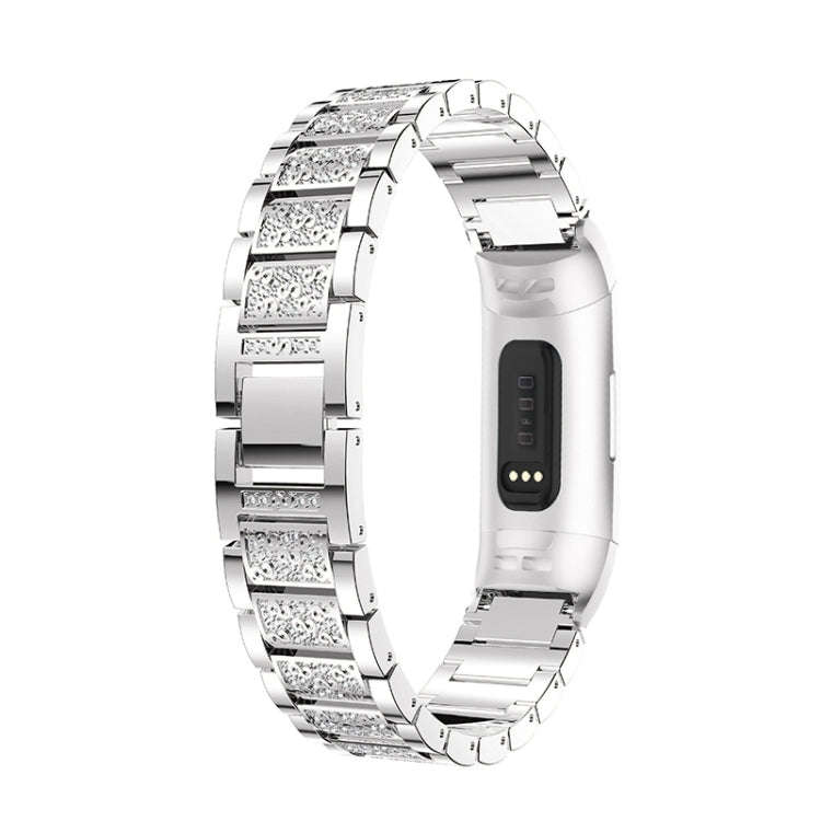 Diamond-studded Solid Stainless Steel Watch Band for Fitbit Charge 3(Silver)