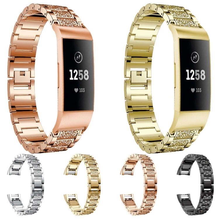Diamond-studded Solid Stainless Steel Watch Band for Fitbit Charge 3(Gold)