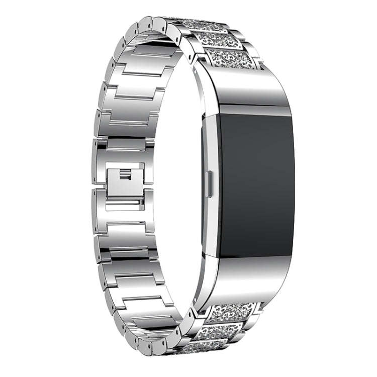 Diamond-studded Solid Stainless Steel Watch Band for Fitbit Charge 2(Silver)