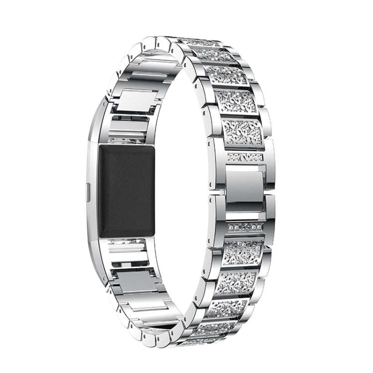 Diamond-studded Solid Stainless Steel Watch Band for Fitbit Charge 2(Silver)