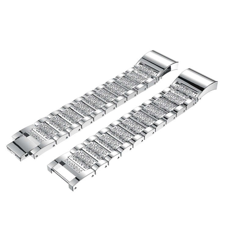 Diamond-studded Solid Stainless Steel Watch Band for Fitbit Charge 2(Silver)