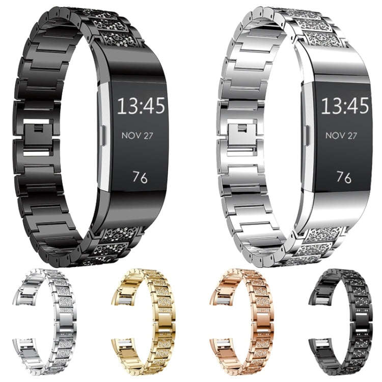 Diamond-studded Solid Stainless Steel Watch Band for Fitbit Charge 2(Gold)