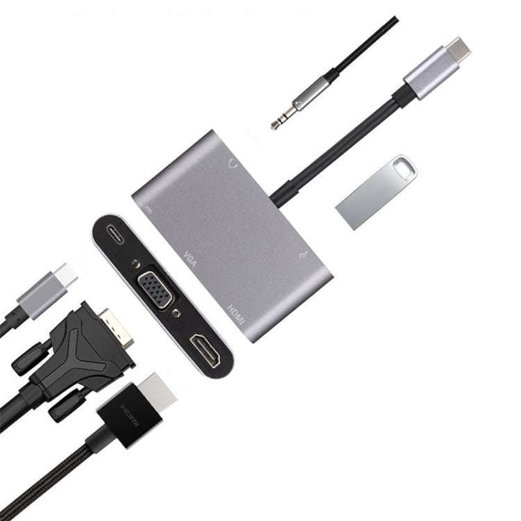 5 in 1 Type-C To HDMI + VGA + USB 3.0 + Audio Port + PD Port HUB Adapter(Grey)