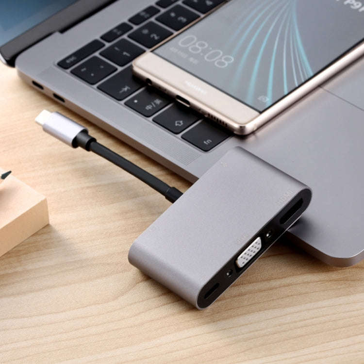 5 in 1 Type-C To HDMI + VGA + USB 3.0 + Audio Port + PD Port HUB Adapter(Grey)