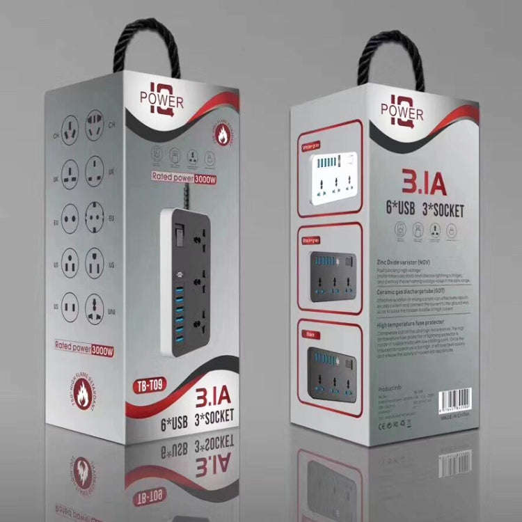 T09 3000W High Power Multi-Function Plug-in 3-Hole International Universal Jack + 6 USB Intellige...