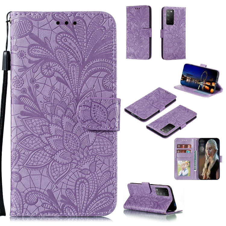 For Huawei Honor X10 Lace Flower Embossing Pattern Horizontal Flip Leather Case , with Holder & C...