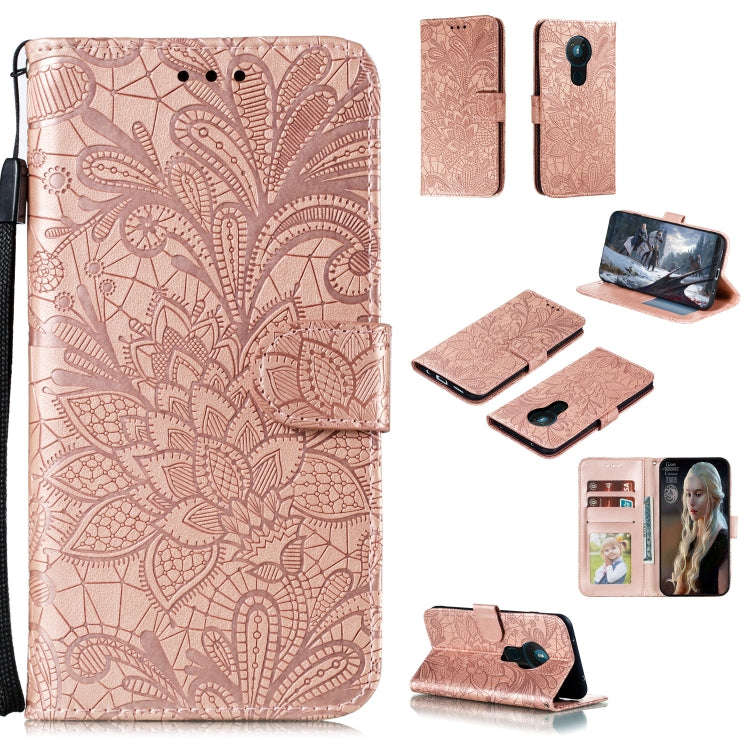 For Nokia 5.3 Lace Flower Embossing Pattern Horizontal Flip Leather Case , with Holder & Card Slo...