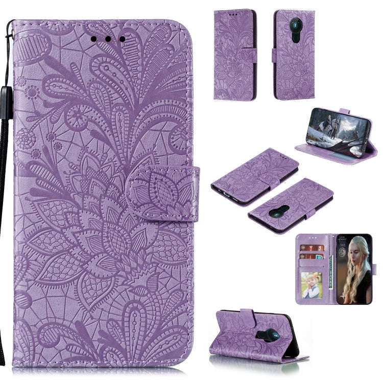 For Nokia 5.3 Lace Flower Embossing Pattern Horizontal Flip Leather Case , with Holder & Card Slo...