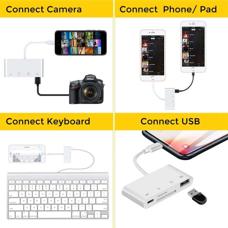 ZS-S1827 4 in 1 SD Card + TF Card + 8 Pin Charge + USB Interface to 8 Pin Interface Camera Reader...