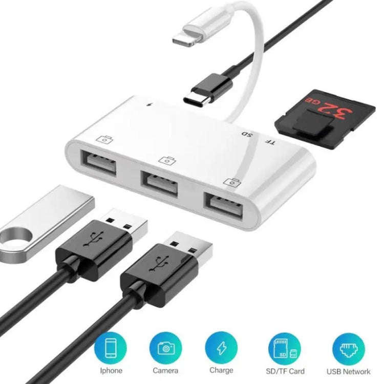 ZS-S1852 6 in 1 3 USB Female to 8 Pin Male OTG Camera Card Reader Adapter with SD & TF Card & 8 P...