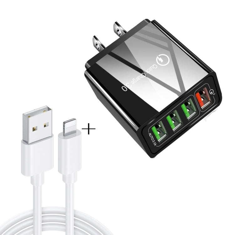 2 in 1 1m USB to 8 Pin Data Cable + 30W QC 3.0 4 USB Interfaces Mobile Phone Tablet PC Universal ...