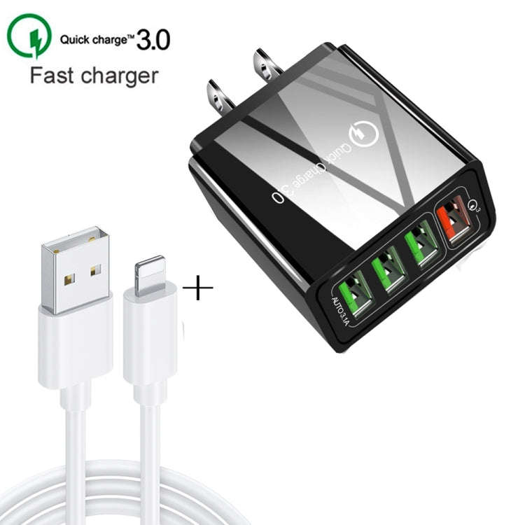 2 in 1 1m USB to 8 Pin Data Cable + 30W QC 3.0 4 USB Interfaces Mobile Phone Tablet PC Universal ...