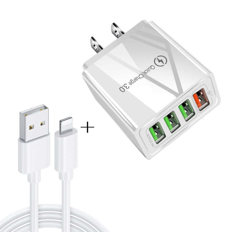 2 in 1 1m USB to 8 Pin Data Cable + 30W QC 3.0 4 USB Interfaces Mobile Phone Tablet PC Universal ...