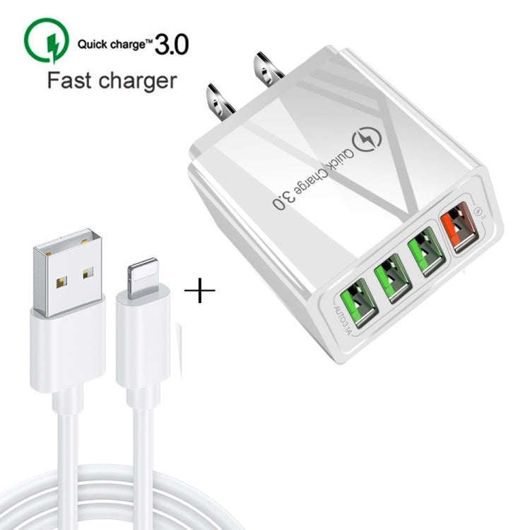2 in 1 1m USB to 8 Pin Data Cable + 30W QC 3.0 4 USB Interfaces Mobile Phone Tablet PC Universal ...