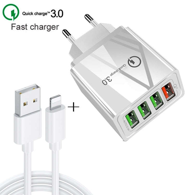 2 in 1 1m USB to 8 Pin Data Cable + 30W QC 3.0 4 USB Interfaces Mobile Phone Tablet PC Universal ...