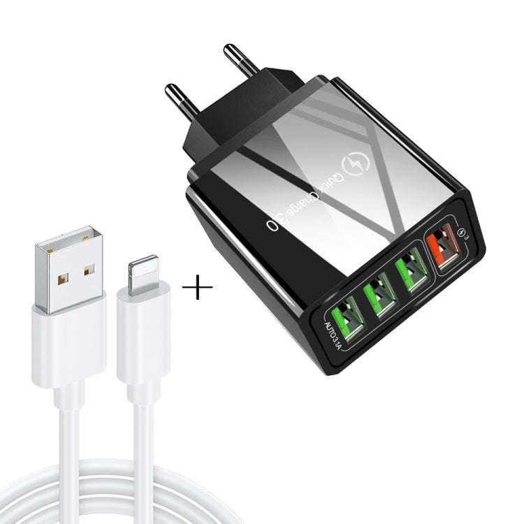 2 in 1 1m USB to 8 Pin Data Cable + 30W QC 3.0 4 USB Interfaces Mobile Phone Tablet PC Universal ...
