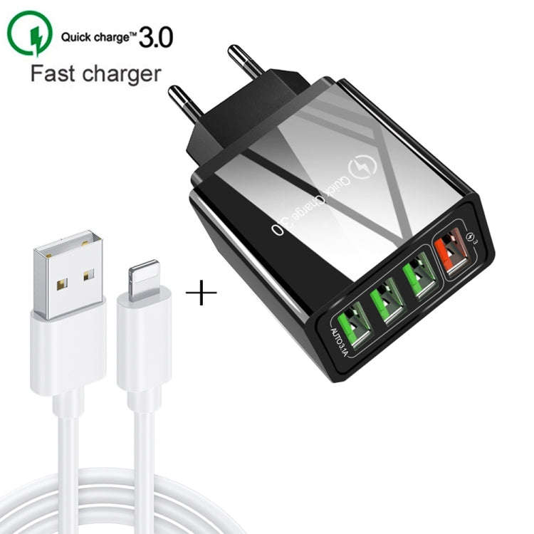 2 in 1 1m USB to 8 Pin Data Cable + 30W QC 3.0 4 USB Interfaces Mobile Phone Tablet PC Universal ...