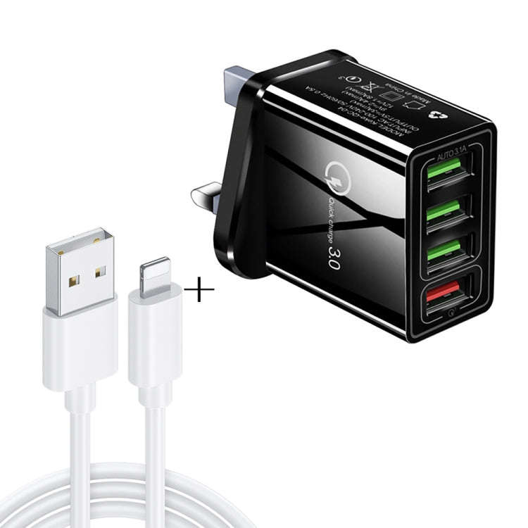 2 in 1 1m USB to 8 Pin Data Cable + 30W QC 3.0 4 USB Interfaces Mobile Phone Tablet PC Universal ...