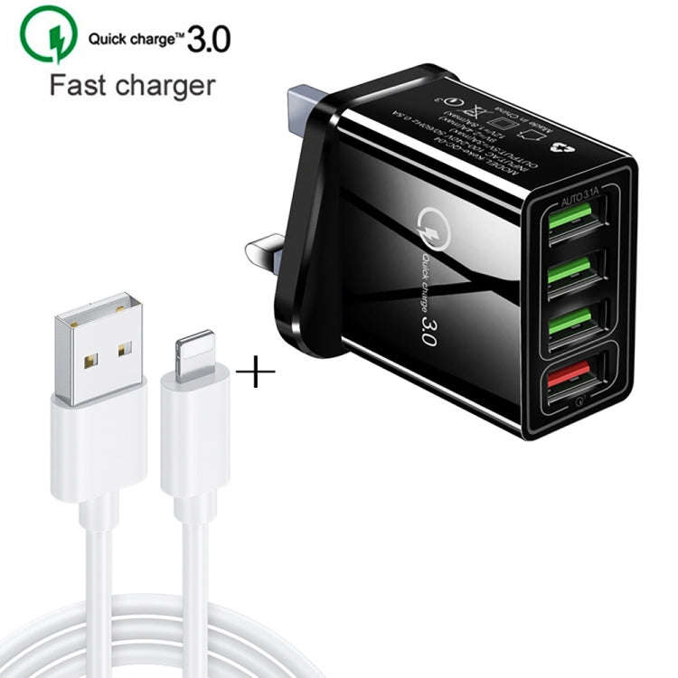 2 in 1 1m USB to 8 Pin Data Cable + 30W QC 3.0 4 USB Interfaces Mobile Phone Tablet PC Universal ...