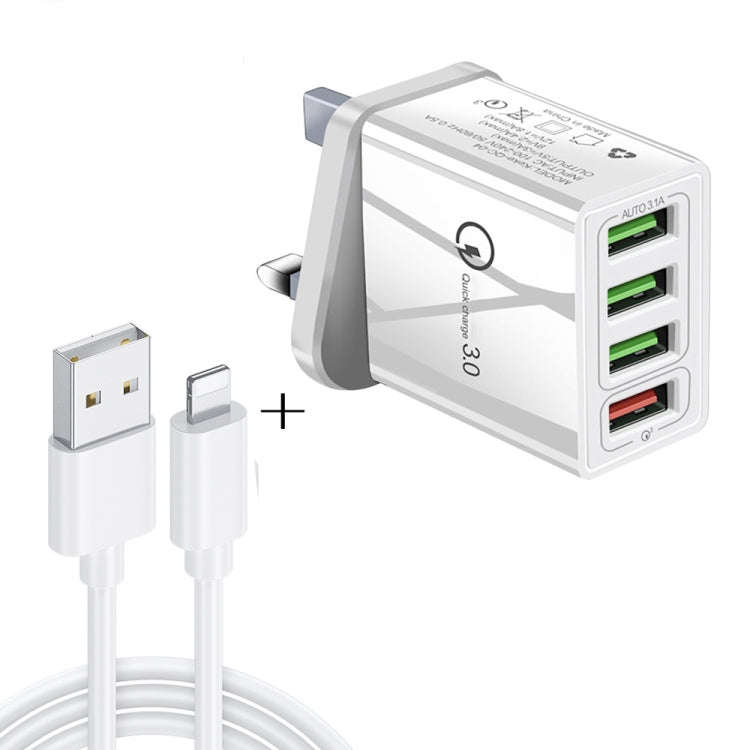 2 in 1 1m USB to 8 Pin Data Cable + 30W QC 3.0 4 USB Interfaces Mobile Phone Tablet PC Universal ...