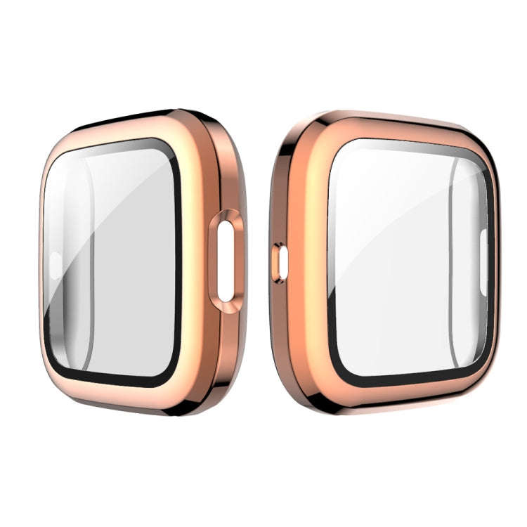 For Fitbit Versa 2 Plating PC Shell + Tempered Glass Film(Rose Gold)