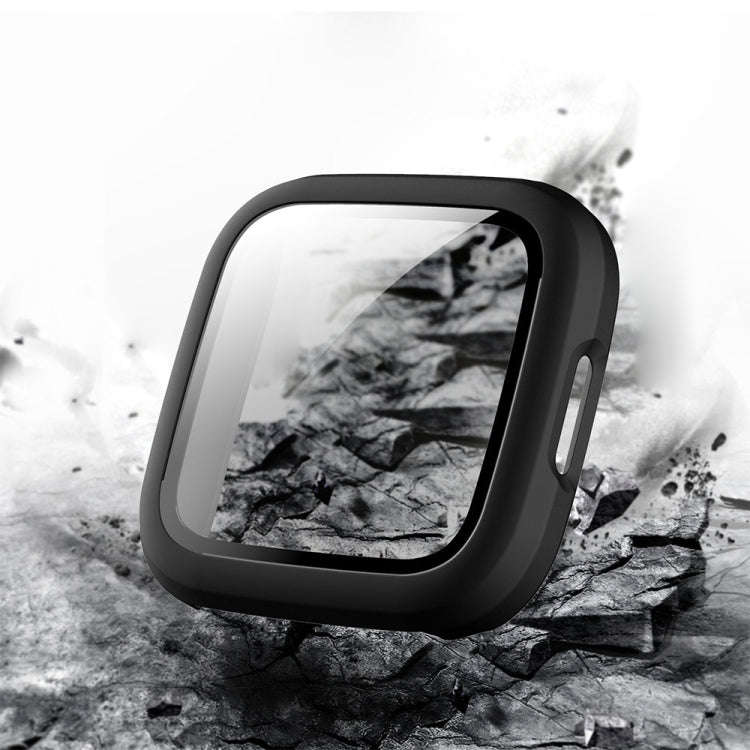 For Fitbit Versa 2 Fuel injection Frosted PC Shell + Tempered Glass Film(Black)