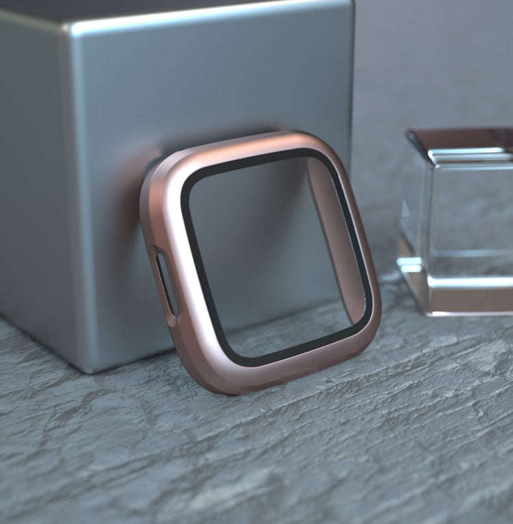 For Fitbit Versa 2 Fuel injection Frosted PC Shell + Tempered Glass Film(Rose Gold)