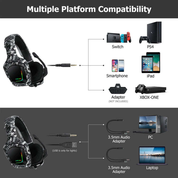 ONIKUMA K20 PS4 Surround Sound Bass PC Gamer Headphone with Microphone, RGB Light(Black Gray)