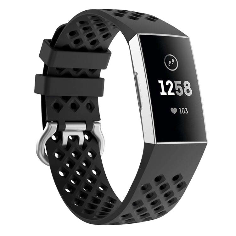 For Fitbit Charge 3 / 4 Hollow Square Silicone Watch Band Wristband(Black)