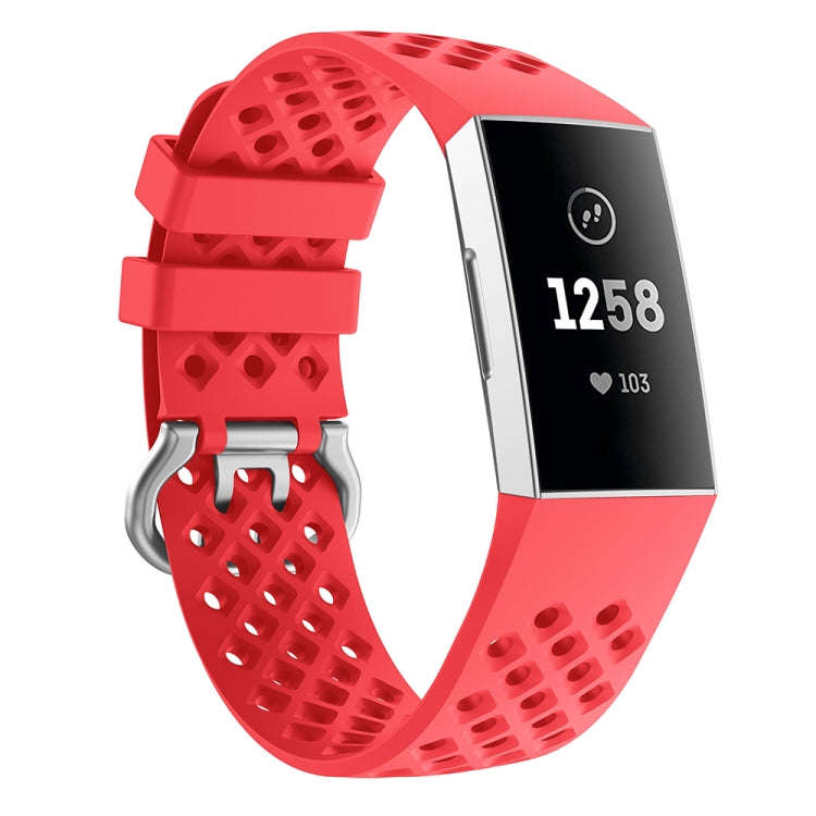 For Fitbit Charge 3 / 4 Hollow Square Silicone Watch Band Wristband(Red)