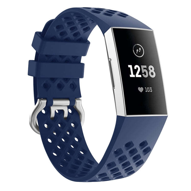 For Fitbit Charge 3 / 4 Hollow Square Silicone Watch Band Wristband(Dark Blue)