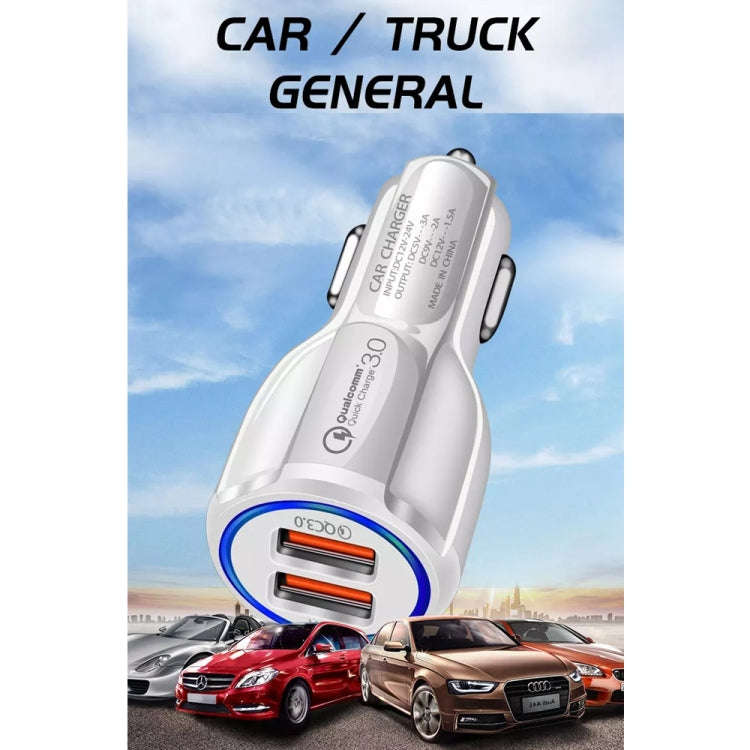 Qc3.0 Dual USB Car Charger + 8 Pin Fast Charging Line Car Charging Kit(White)