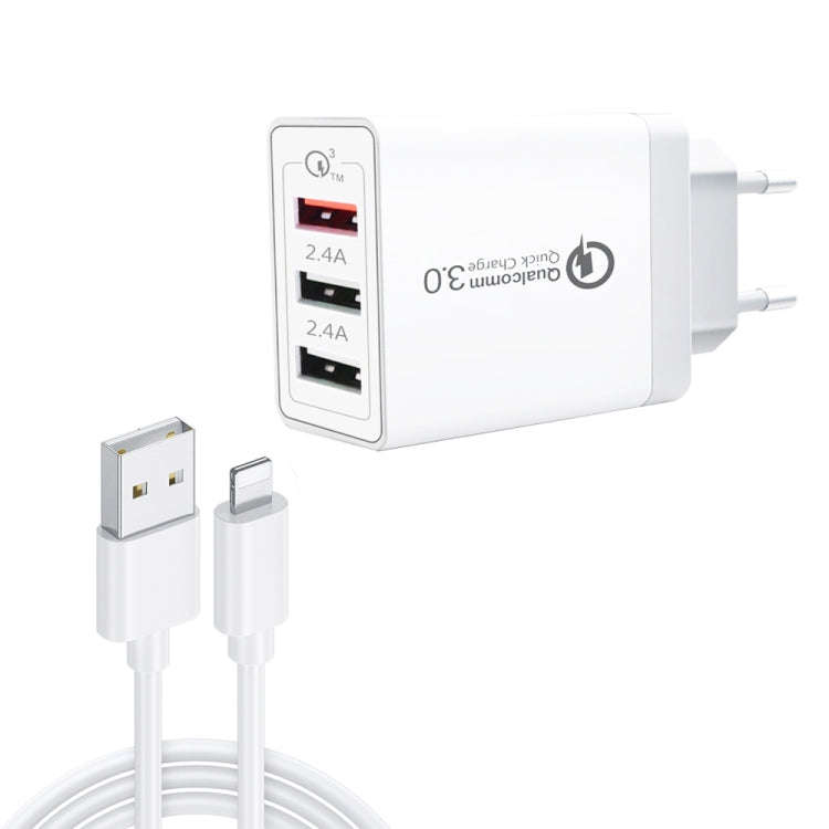 SDC-30W 2 in 1 USB to 8 Pin Data Cable + 30W QC 3.0 USB + 2.4A Dual USB 2.0 Ports Mobile Phone Ta...