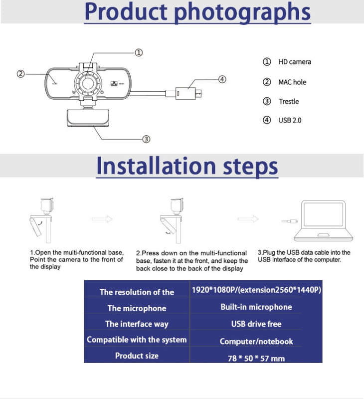 C5 4 Million Pixel Auto Focus 2K Full HD Webcam 360 Rotation USB Driver-free Live Broadcast WebCa...