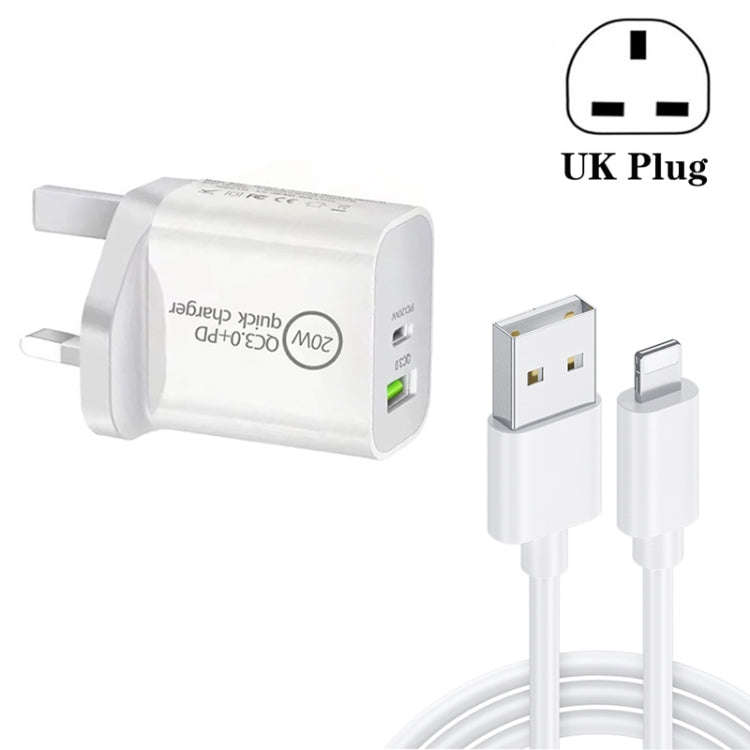 SDC-20WA+C 20W PD 3.0 + QC 3.0 USB Dual Fast Charging Universal Travel Charger with USB to 8 Pin ...