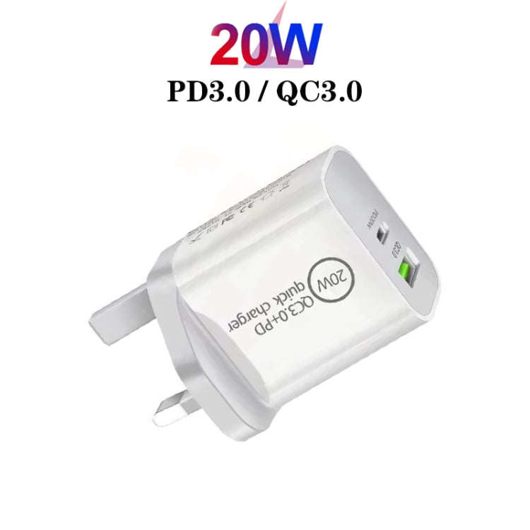 SDC-20WA+C 20W PD 3.0 + QC 3.0 USB Dual Fast Charging Universal Travel Charger with USB to 8 Pin ...