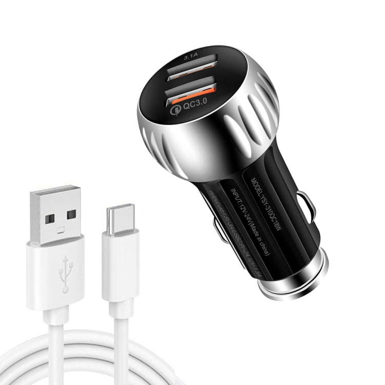 YSY-310QC18W QC3.0 Dual Port USB Car Charger + 3A USB to USB-C / Type-C Data Cable, Cable Length:...
