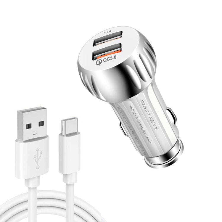 YSY-310QC18W QC3.0 Dual Port USB Car Charger + 3A USB to USB-C / Type-C Data Cable, Cable Length:...