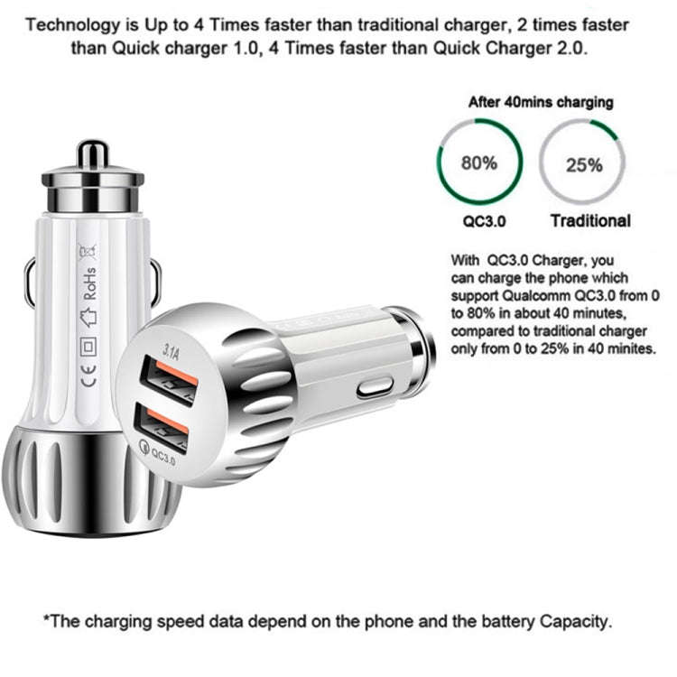 YSY-310QC18W QC3.0 Dual Port USB Car Charger + 3A USB to USB-C / Type-C Data Cable, Cable Length:...