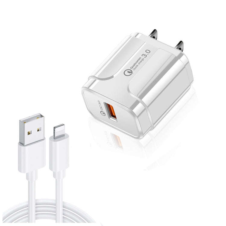 LZ-023 18W QC 3.0 USB Portable Travel Charger + 3A USB to 8 Pin Data Cable, US Plug(White)