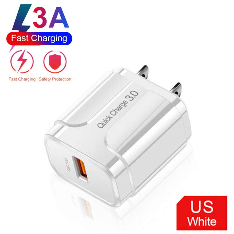 LZ-023 18W QC 3.0 USB Portable Travel Charger + 3A USB to 8 Pin Data Cable, US Plug(White)