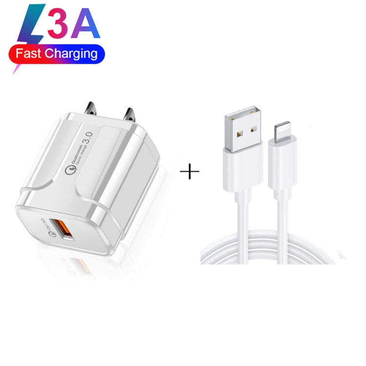 LZ-023 18W QC 3.0 USB Portable Travel Charger + 3A USB to 8 Pin Data Cable, US Plug(White)