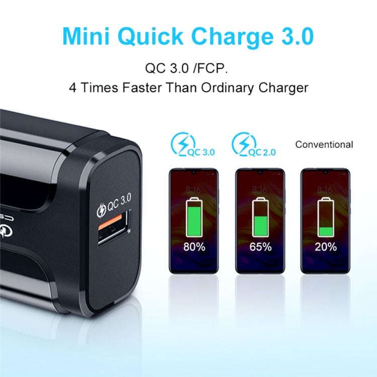 LZ-023 18W QC 3.0 USB Portable Travel Charger + 3A USB to 8 Pin Data Cable, US Plug(Black)