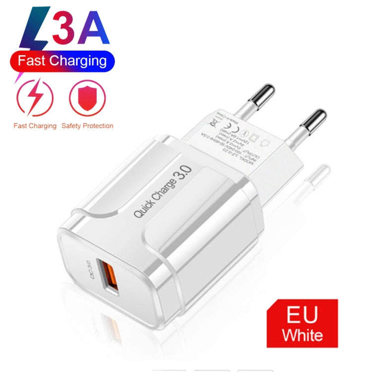 LZ-023 18W QC 3.0 USB Portable Travel Charger + 3A USB to 8 Pin Data Cable, EU Plug(White)