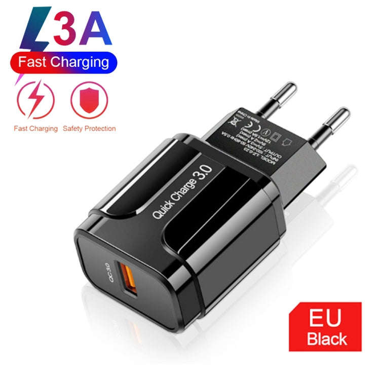 LZ-023 18W QC 3.0 USB Portable Travel Charger + 3A USB to 8 Pin Data Cable, EU Plug(Black)