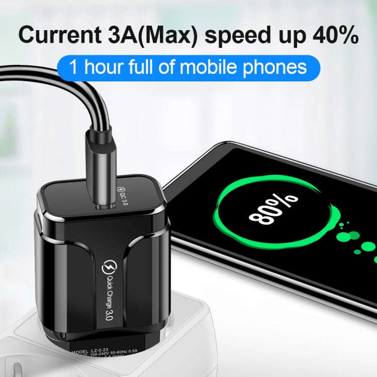 LZ-023 18W QC 3.0 USB Portable Travel Charger + 3A USB to 8 Pin Data Cable, EU Plug(Black)