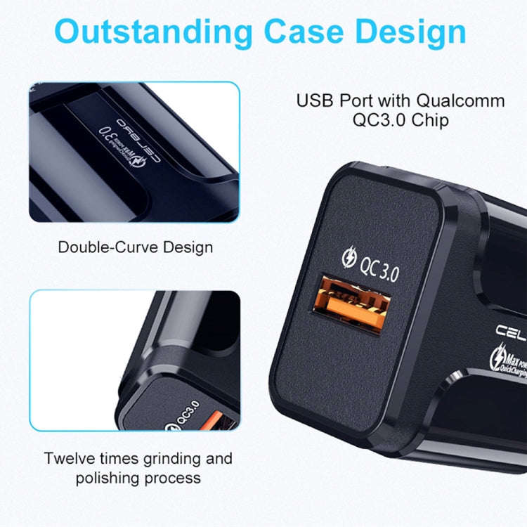 LZ-023 18W QC 3.0 USB Portable Travel Charger + 3A USB to 8 Pin Data Cable, EU Plug(Black)