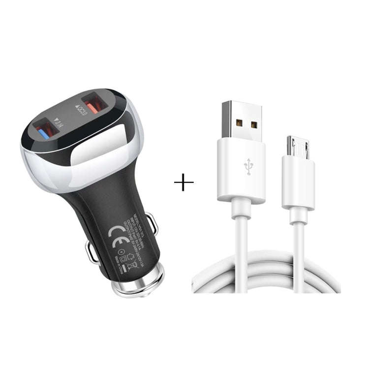YSY-312 2 in 1 18W Portable QC3.0 Dual USB Car Charger + 1m 3A USB to Micro USB Data Cable Set(Bl...